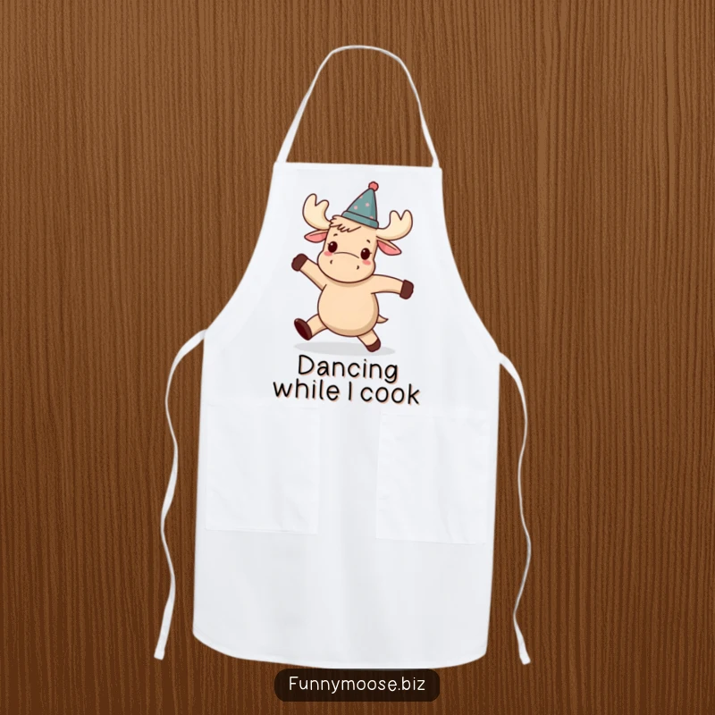 Funny Kawaii moose apron, a moose in a tilted hat, performing a wobbly dance, adding fun to the kitchen.