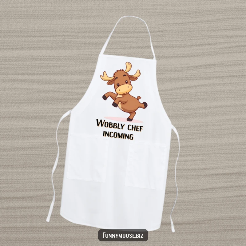 Funny kawaii moose apron depicting a happy, clumsy character attempting a cartwheel, great for funny cooking enthusiasts.