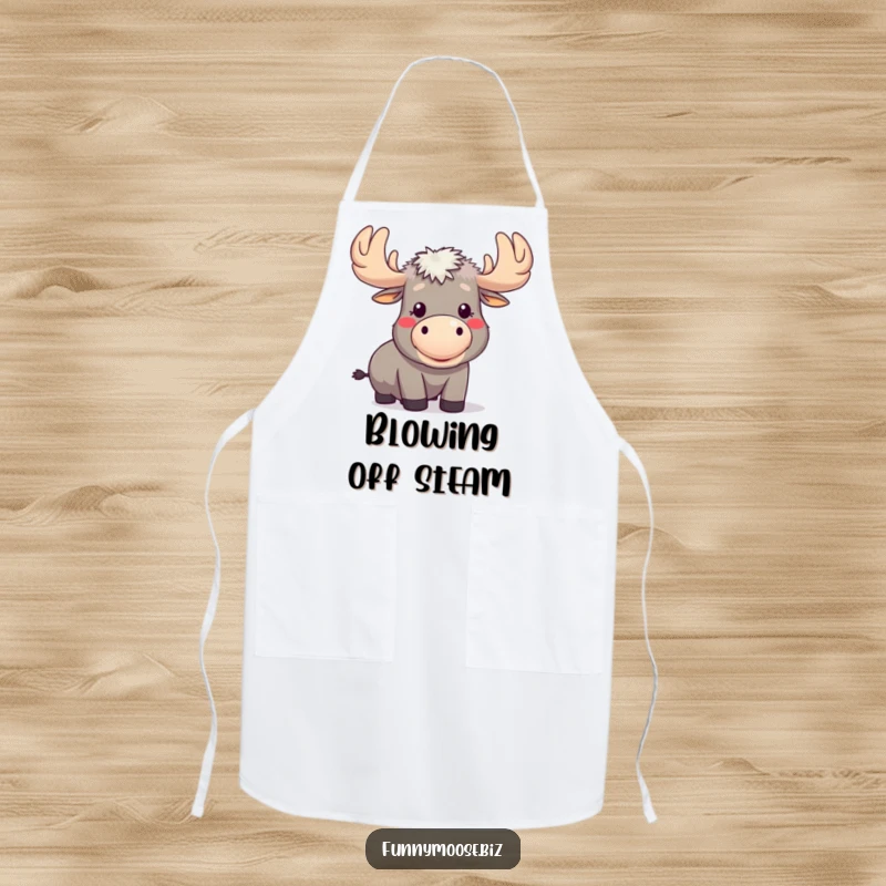 Funny Kawaii Moose Apron: A moose blows a raspberry with puffed cheeks, humorous kitchen wear for bakers.