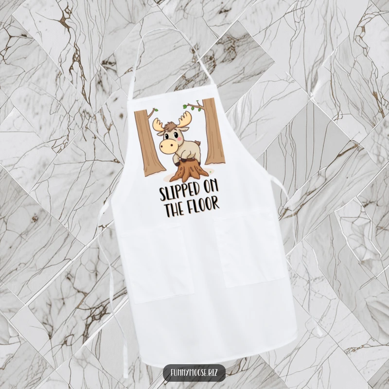 Funny Kawaii Moose Apron: A surprised moose trips while cooking, humorous kitchen wear for bakers.