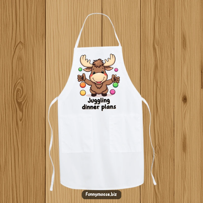 Funny Kawaii Moose Apron juggling colorful balls with a goofy grin, perfect for kitchen fun with woodland humor.