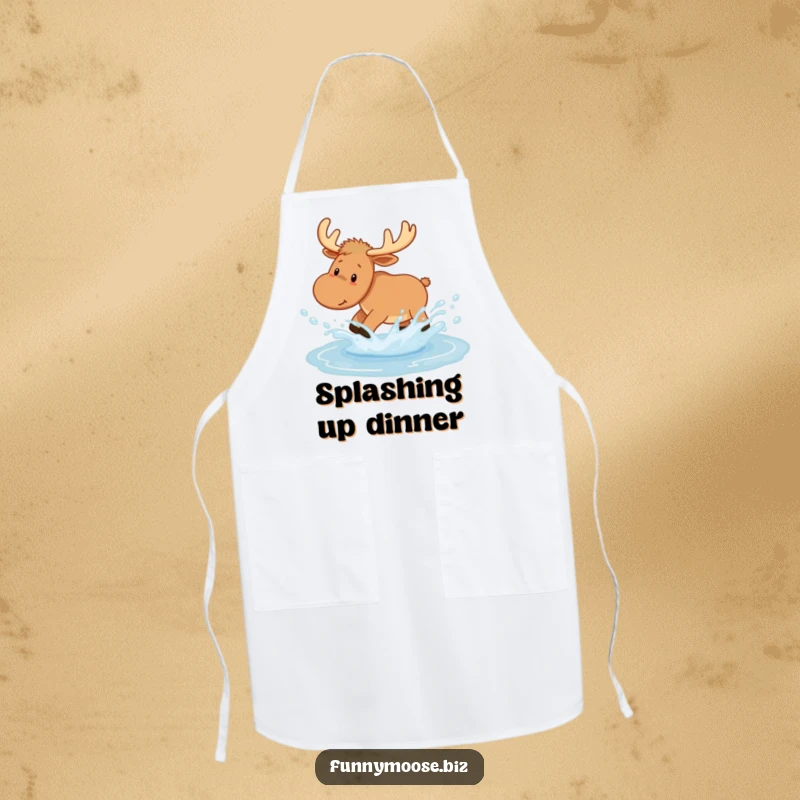 Funny Kawaii Moose Apron playfully splashing in a puddle, leaving joyful droplets, perfect for kitchen fun with woodland humor.