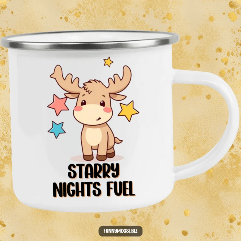 Funny kawaii moose juggling glowing abstract star shapes on a durable enamel camping mug, ready for outdoor fun.
