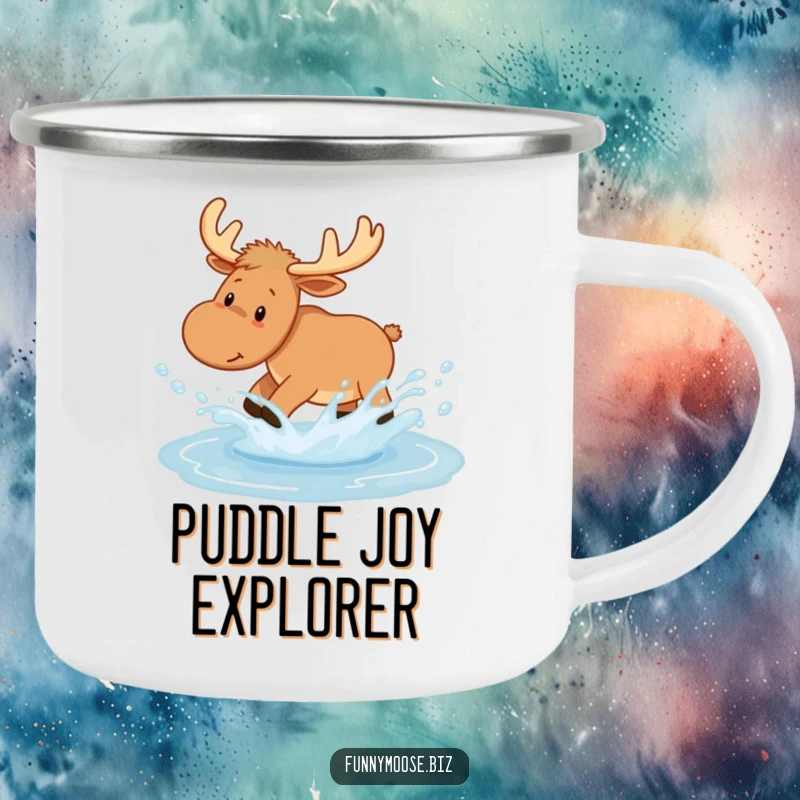 Funny Kawaii Moose Camping Mug playfully splashing in a puddle, leaving joyful droplets, perfect for adventures with woodland humor.