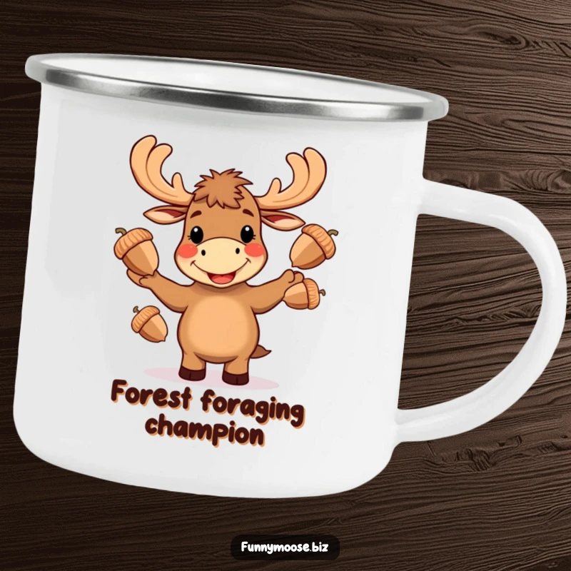 Funny Kawaii moose camping mug, a happy moose juggling three big acorns with a wide grin, rugged outdoor humor.