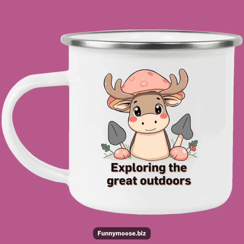 Funny Kawaii Moose Enamel Mug - Mushroom Peek Campfire Gift