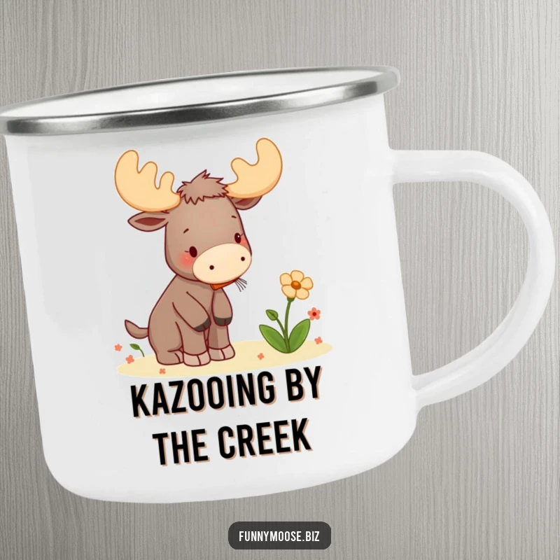 Funny camping mug with a kawaii moose playing a tiny kazoo to serenade a flower, ready for camp songs and fun.
