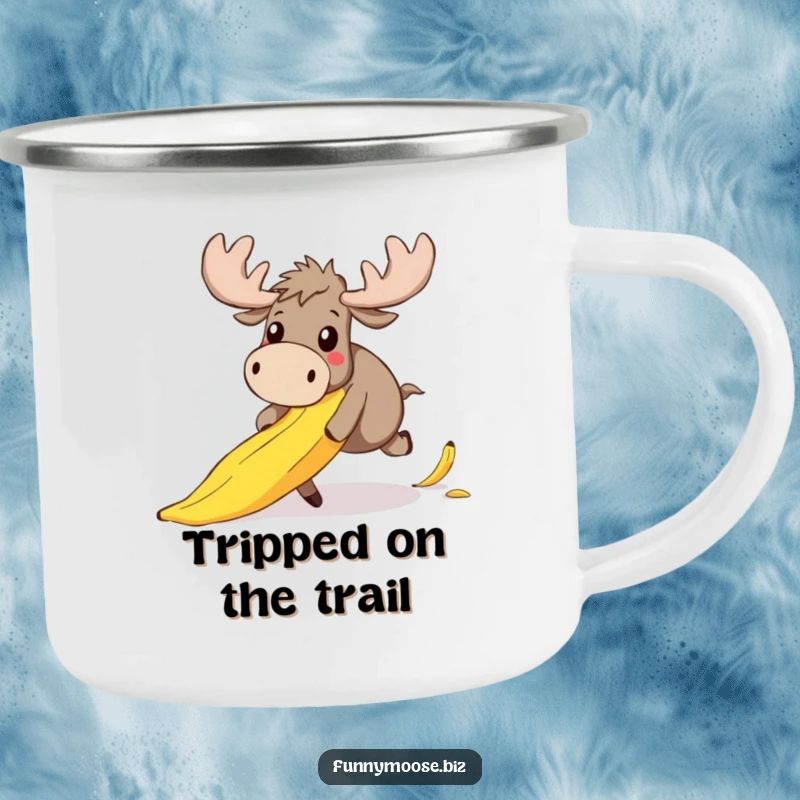 Funny camping mug with a clumsy kawaii moose hilariously stumbling on a banana peel, eyes wide with surprise, ready for fun.