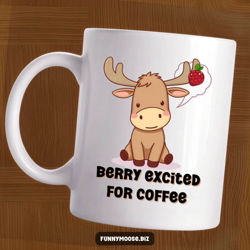 Funny Kawaii Moose mug looking excited, with a thought bubble showing a delicious berry, capturing anticipation and humor.