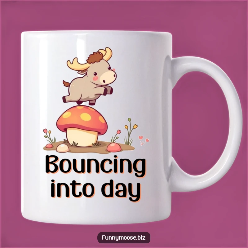 Funny Kawaii Moose Bouncing on Mushroom Mug: A Leap of Joyful Humor!