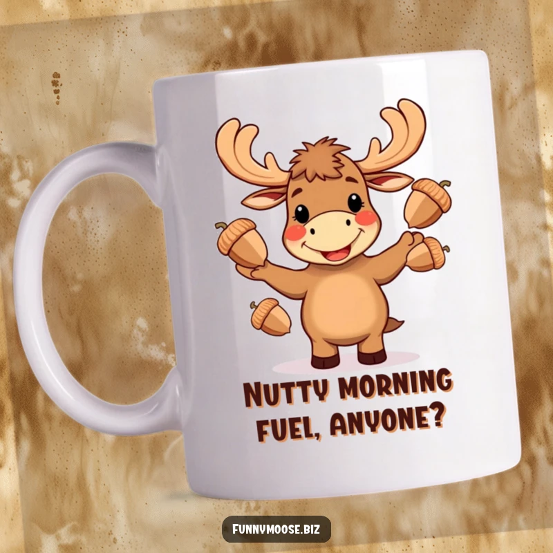 Funny Kawaii moose mug, enthusiastically juggling three large acorns with a joyful, wide grin, perfect for a laugh.