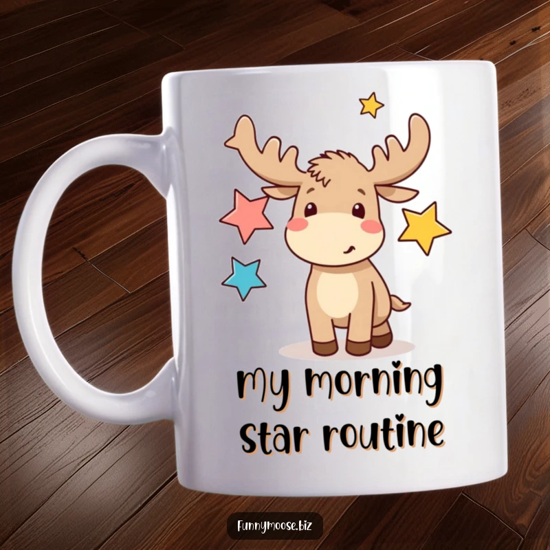 Funny kawaii moose energetically juggling glowing abstract star shapes, a whimsical and hilarious mug design perfect for gifting.