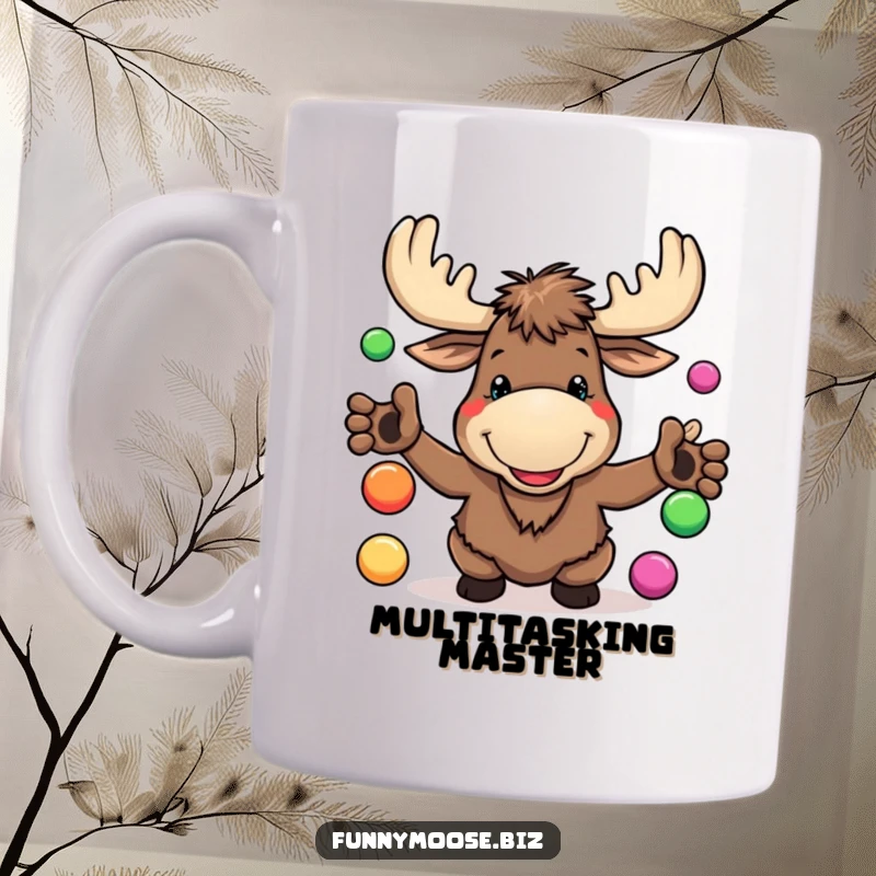 Funny Kawaii Moose mug with a goofy grin, juggling brightly colored balls, showcasing whimsical and humorous forest creature fun.