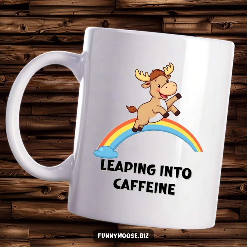 Funny Kawaii Moose Mug: A happy moose leaps over a rainbow with a wide grin, cheerful drinkware gift.