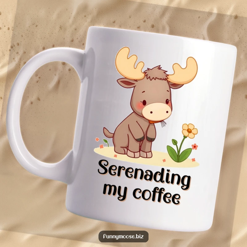 Funny mug showing a cute kawaii moose affectionately playing a tiny kazoo to serenade a delicate flower, full of musical ambition.