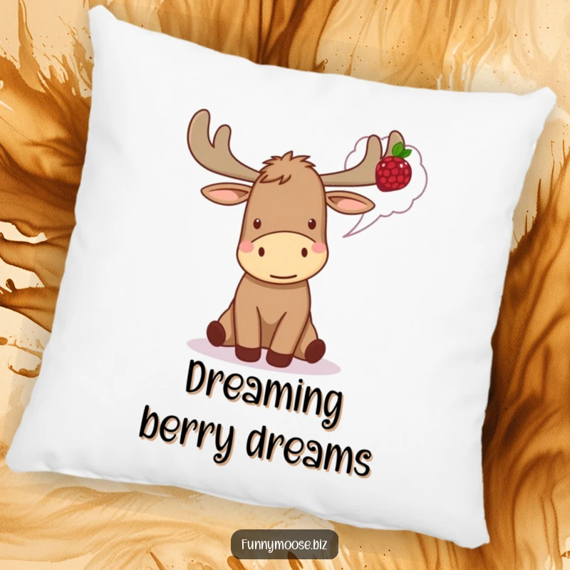 Funny Kawaii Moose Pillow looking excited about a berry, offering plush comfort and woodland humor.