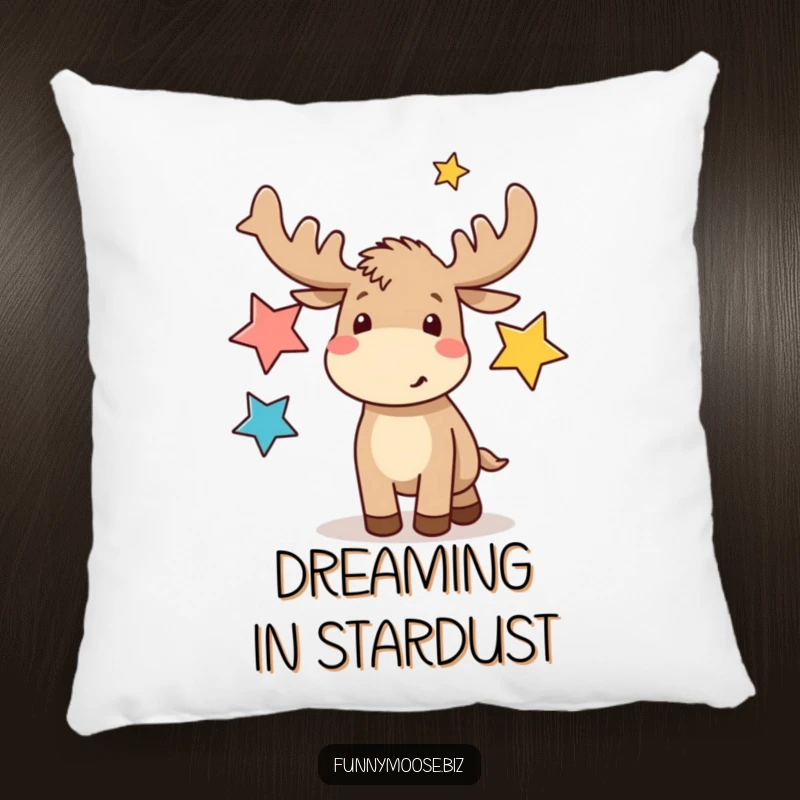 Soft, funny pillow featuring a cute kawaii moose energetically juggling abstract star shapes, perfect for cozying up with humor.