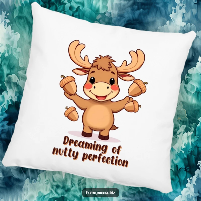 Funny Kawaii moose pillow, a cheerful moose expertly juggling three large acorns with a wide, happy smile.