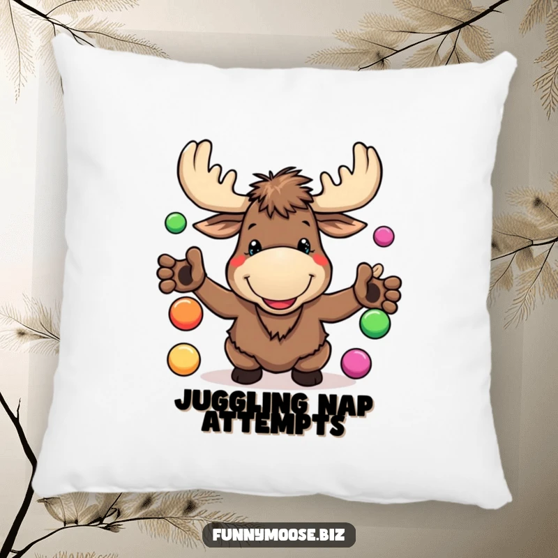 Funny Kawaii Moose Pillow featuring a goofy grin and juggling balls, offering plush comfort and woodland humor.