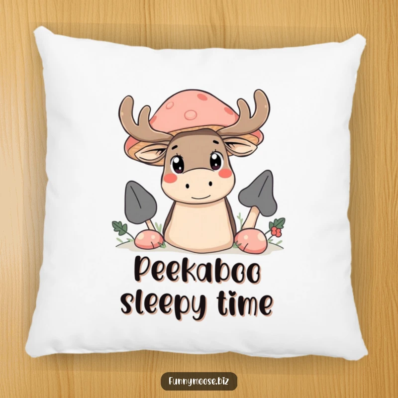 Funny Kawaii moose pillow, a moose peeking from behind a large mushroom with wide, curious eyes, soft and enchanting.