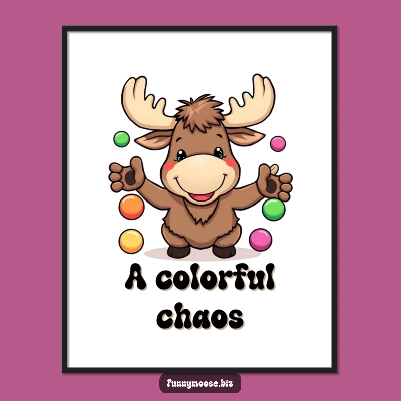 Funny Kawaii Moose Digital Art - Goofy Juggling Scene, Humorous Decor