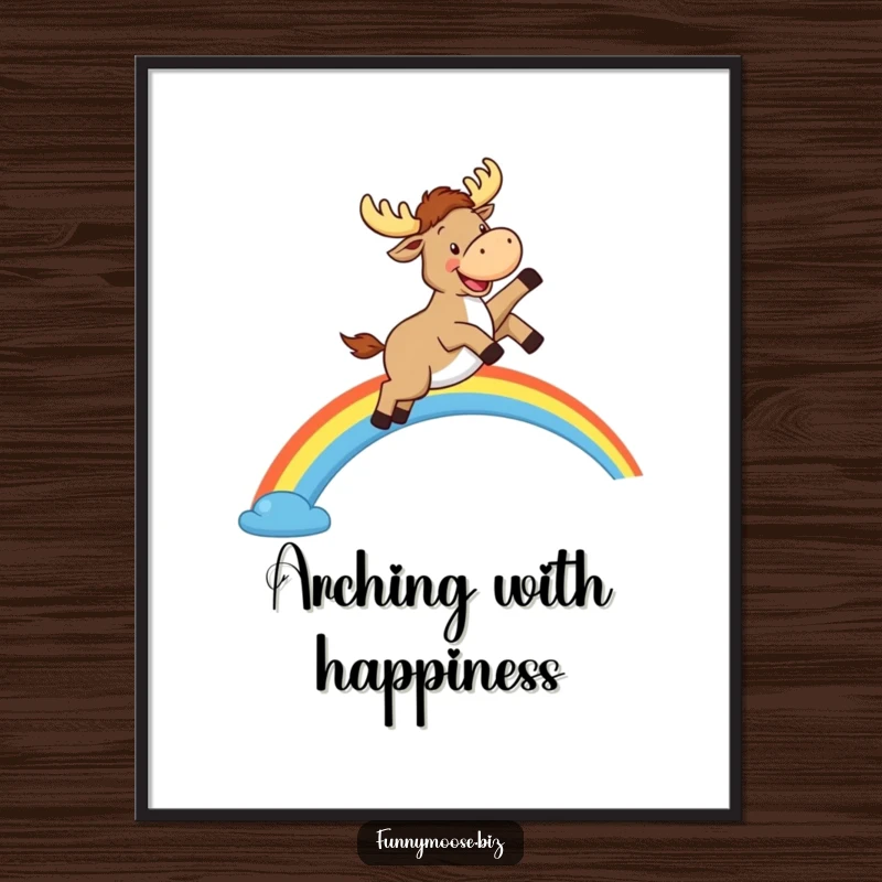 Funny Kawaii Moose Digital Art: A happy moose leaps over a rainbow, printable cheerful illustration.