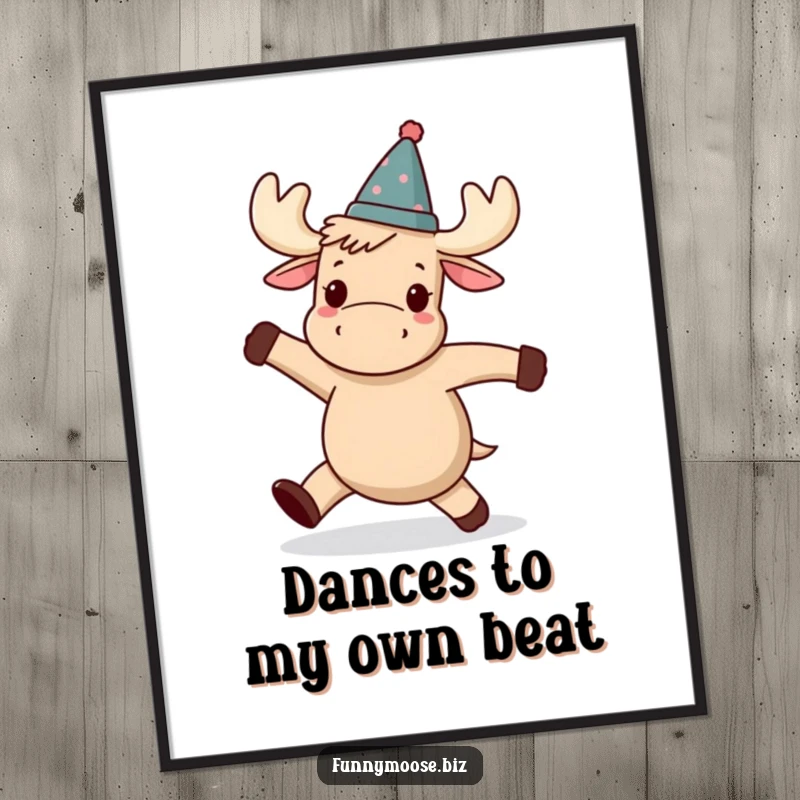 Funny Kawaii moose digital art print, a moose wearing a small tilted hat, attempting a hilariously wobbly dance.