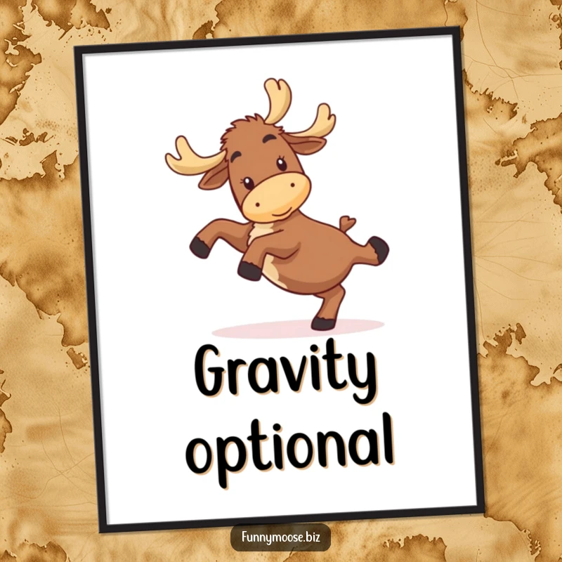 Funny kawaii moose digital art print showing a happy, clumsy character attempting a cartwheel, ideal for printable funny decor.