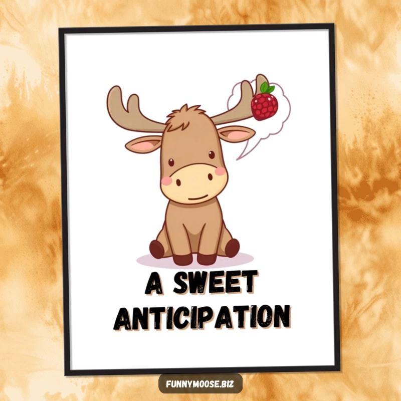 Funny Kawaii Moose Digital Art looking excited, dreaming of a berry, offering woodland humor and foodie delight.