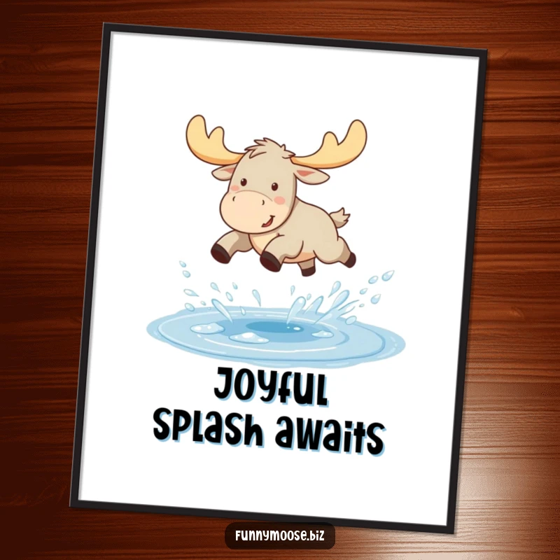 Funny Kawaii moose digital art print, a moose joyfully leaping over a sparkling puddle, with water droplets flying.