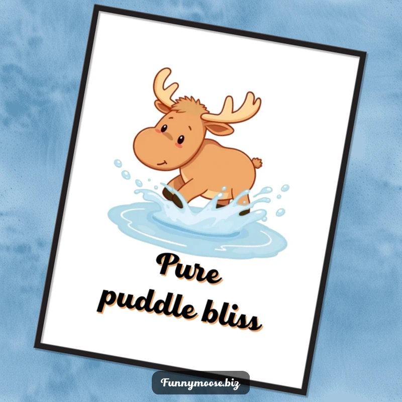 Funny Kawaii Moose Digital Art playfully splashing in a puddle, leaving joyful droplets, offering woodland humor.
