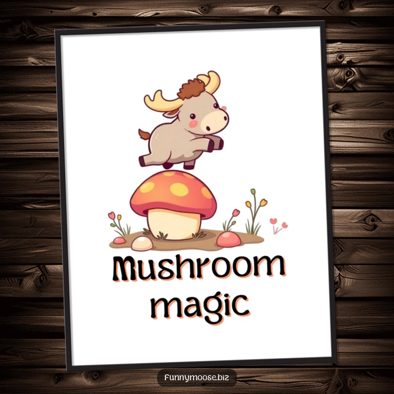 High-resolution funny digital art print of a tiny kawaii moose launching from a vibrant bouncy mushroom, for cheerful decor.