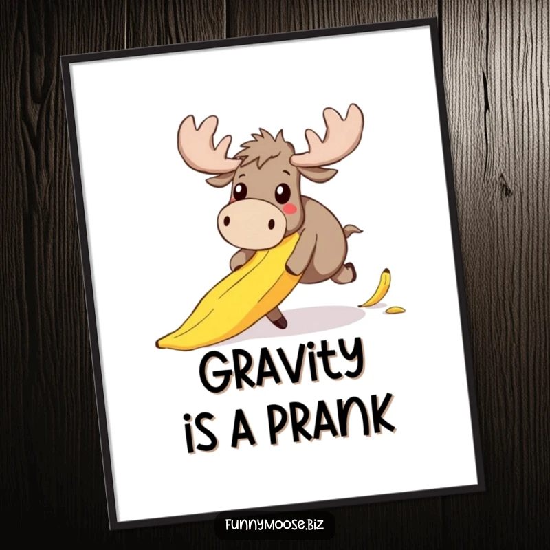 Funny digital art print of a clumsy kawaii moose hilariously tripping on a banana peel, its eyes wide with adorable surprise.