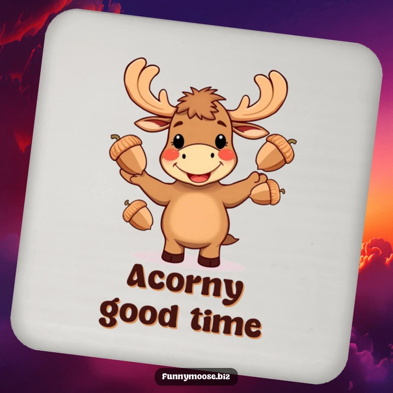 Funny Kawaii moose drink coaster, a happy moose juggling three large acorns with a wide, cheerful grin.