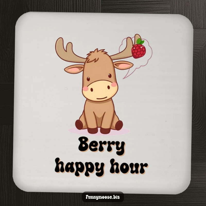 Funny Kawaii Moose Coasters looking excited, thinking of a berry, offering surface protection with woodland humor.
