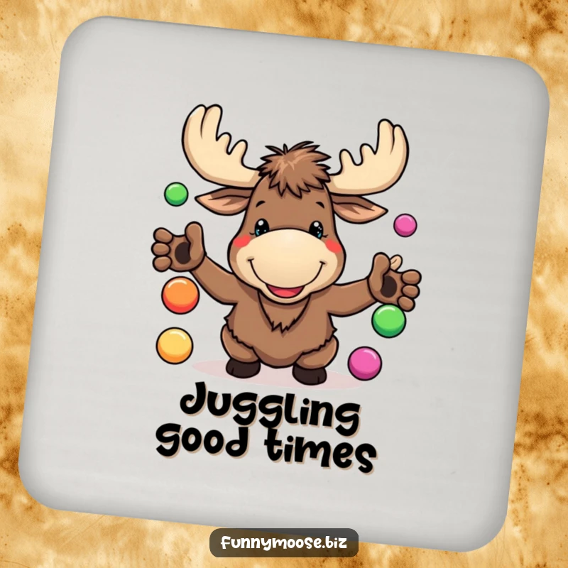 Funny Kawaii Moose Coasters juggling colorful balls with a goofy grin, offering surface protection with woodland humor.