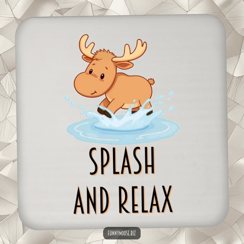 Funny Kawaii Moose Coasters playfully splashing in a puddle, leaving joyful droplets, offering surface protection with woodland humor.