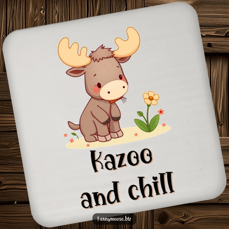 Funny drink coaster featuring a kawaii moose playing a tiny kazoo to serenade a flower, protecting surfaces with musical charm.