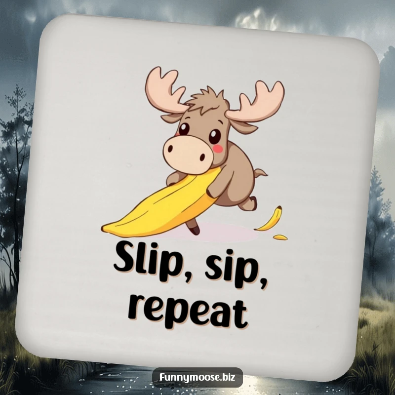 Funny drink coaster featuring a clumsy kawaii moose tripping over a banana peel, its face a picture of adorable surprise.