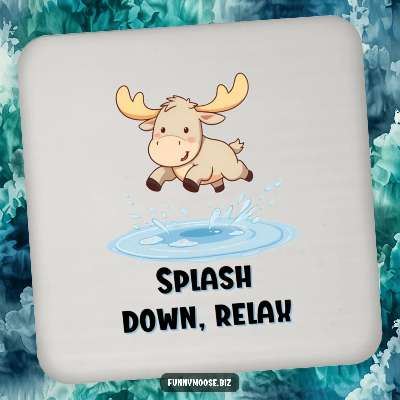 Funny Kawaii moose drink coaster, a moose joyfully leaping over a sparkling puddle, with water droplets flying.