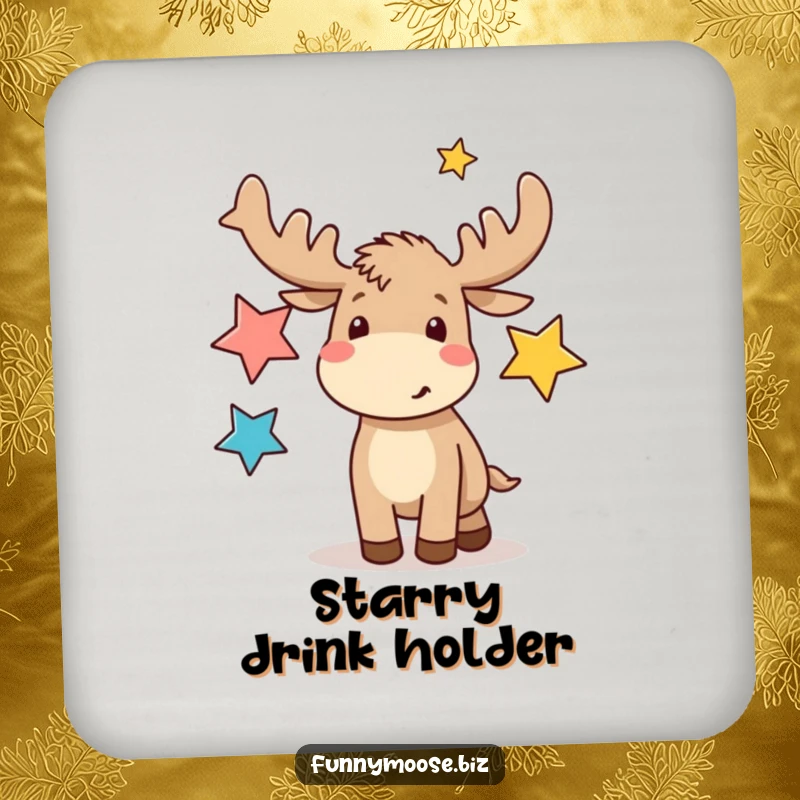 Funny kawaii moose energetically juggling abstract star shapes on a protective drink coaster, adding a touch of humor.