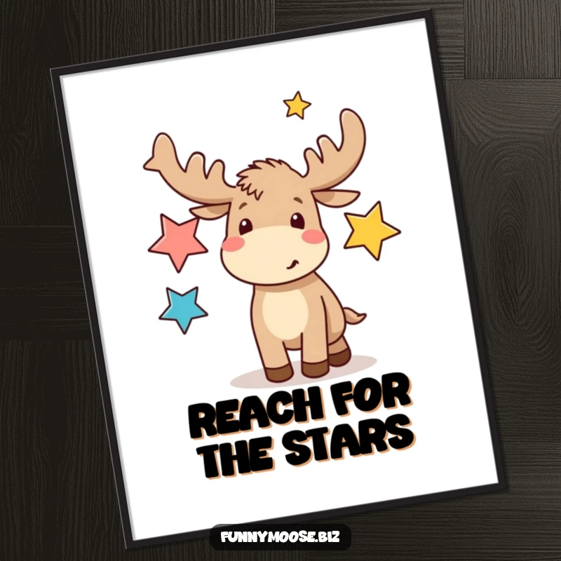 Vibrant funny poster depicting a kawaii moose energetically juggling glowing abstract star shapes, adding humor to any wall.
