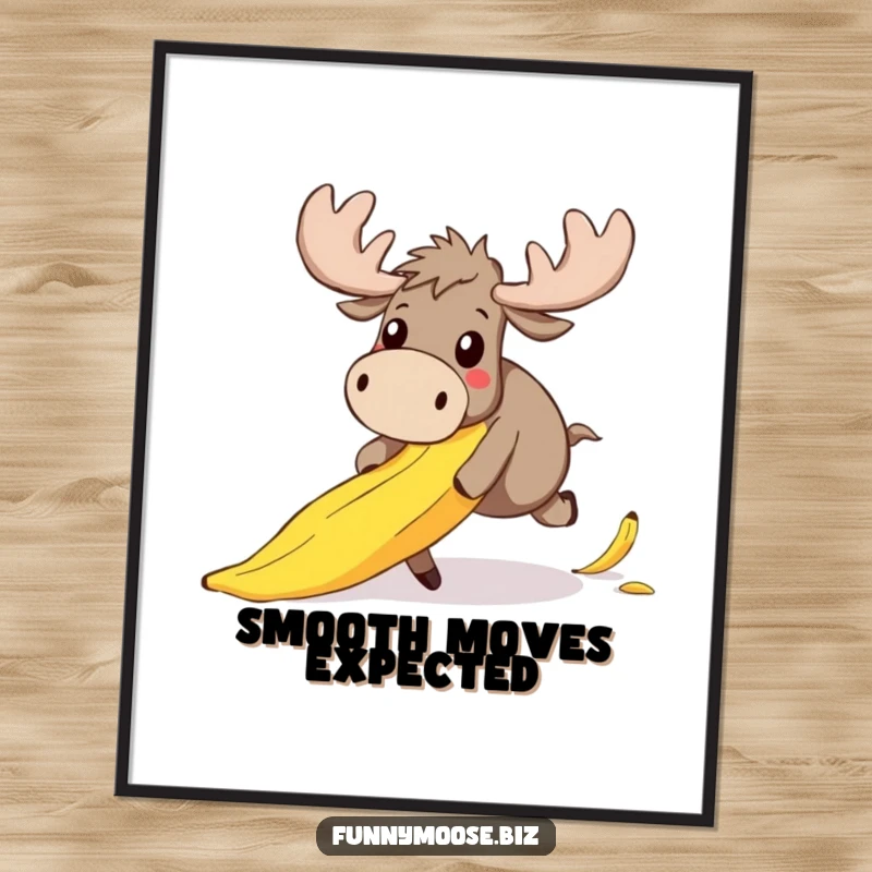 Funny poster art of a kawaii moose hilariously losing its balance over a banana peel, its face a mask of wide-eyed surprise.