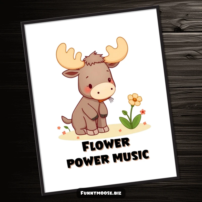 Funny poster art of a kawaii moose playing a tiny kazoo to affectionately serenade a single flower, creating a heartwarming scene.