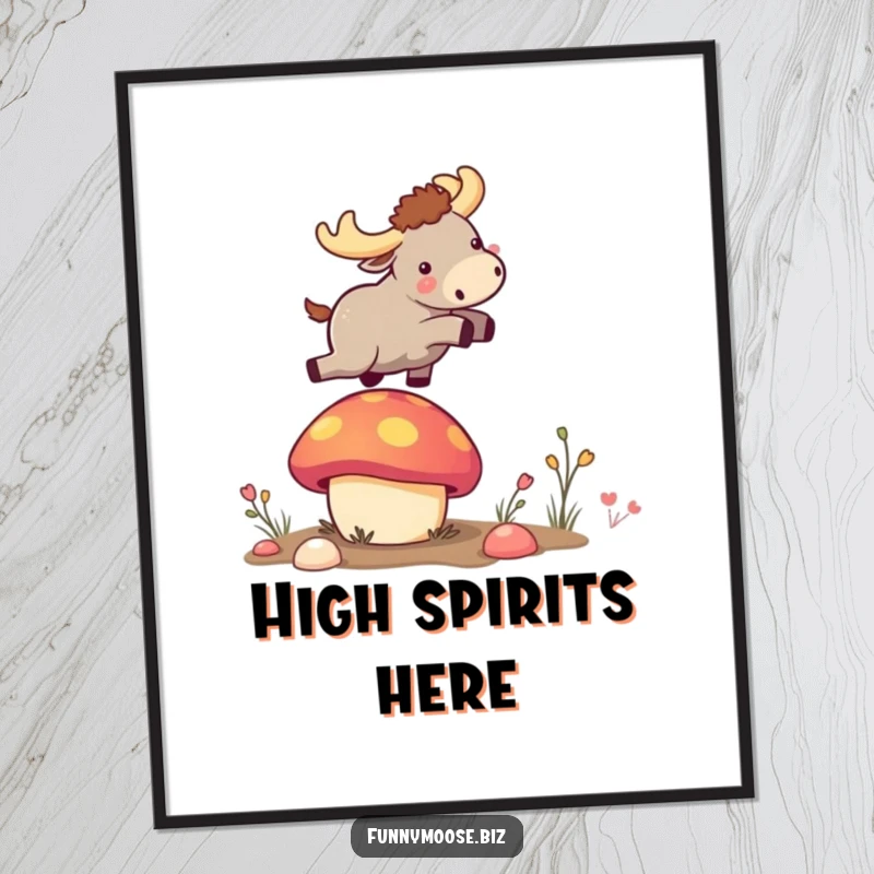 Vibrant funny poster showcasing a tiny kawaii moose enthusiastically launching from a brightly colored bouncy mushroom, adding humor.