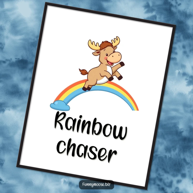 Funny Kawaii Moose Poster: A happy moose leaps over a rainbow, cheerful wall art for positive vibes.