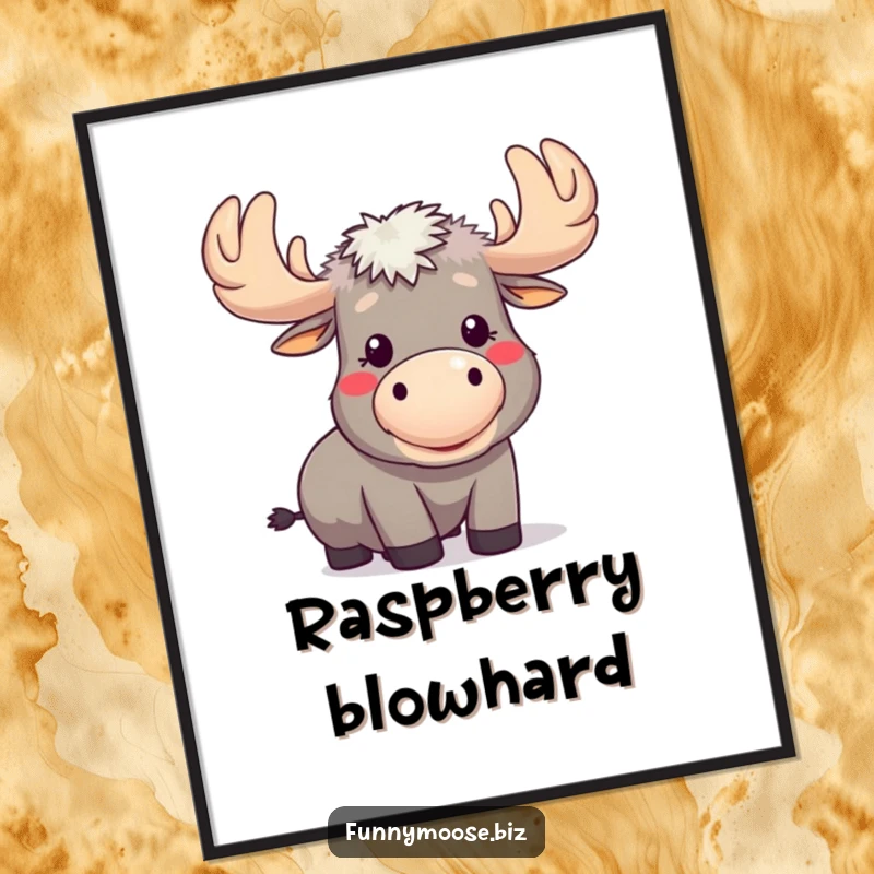Funny Kawaii Moose Poster: A moose blows a raspberry with puffed cheeks, humorous wall art for playful decor.