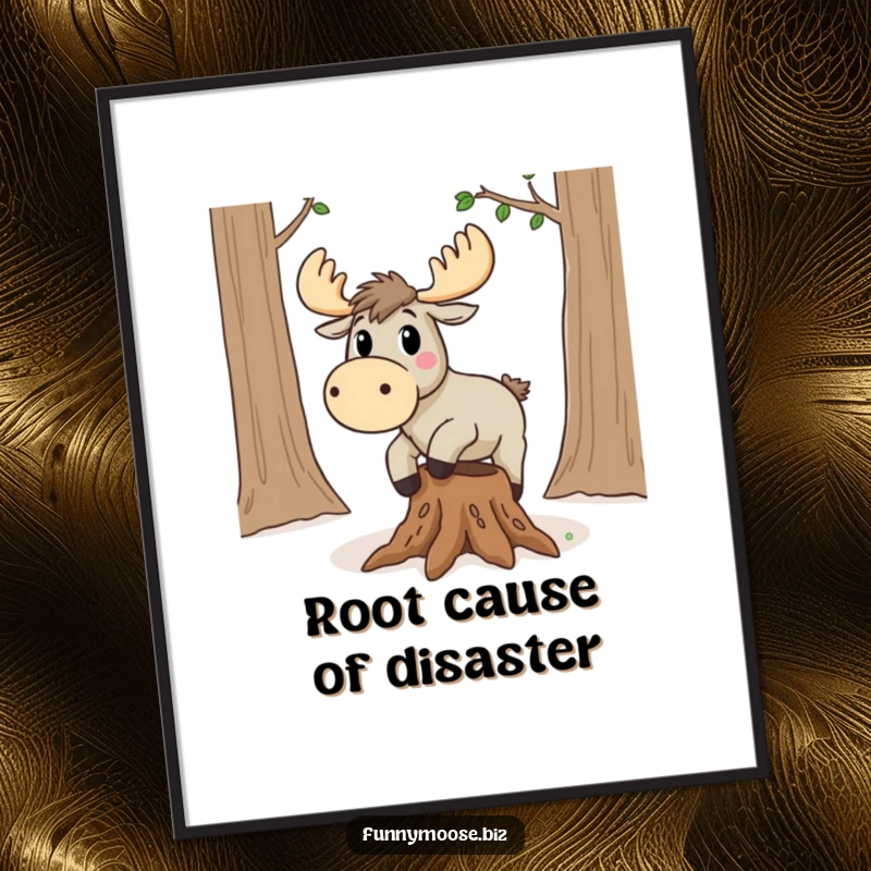 Funny Kawaii Moose Poster: A surprised moose trips over a root, humorous wall art for home decor.
