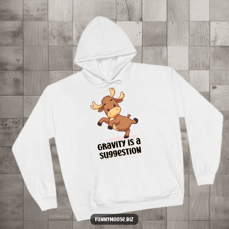 Funny kawaii moose hoodie featuring a happy, clumsy character trying a cartwheel, excellent for cozy funny gift seekers.