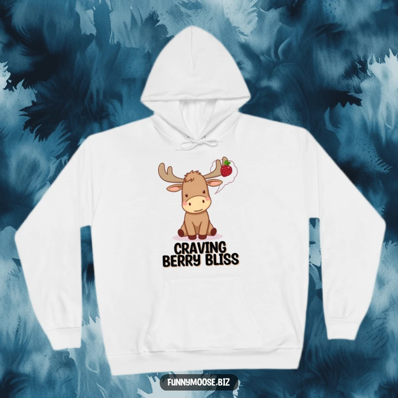 Funny Kawaii Moose Hoodie looking excited about berries, offering cozy comfort and cute woodland humor.